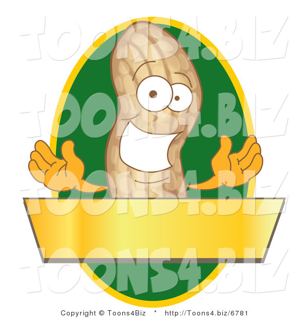 Vector Illustration of a Cartoon Peanut Mascot Logo with a Green Oval and Gold Banner