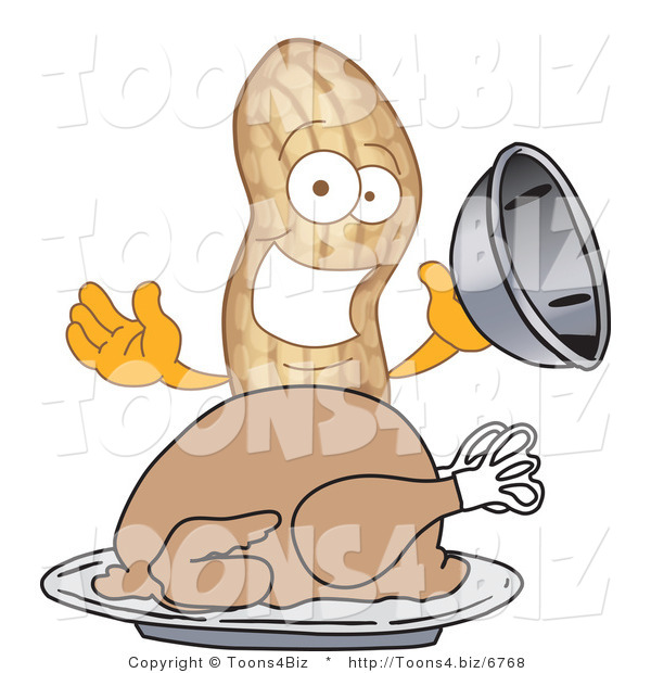 Vector Illustration of a Cartoon Peanut Mascot Serving a Roasted Turkey