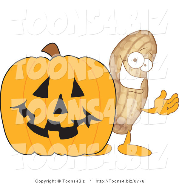 Vector Illustration of a Cartoon Peanut Mascot with a Halloween Pumpkin