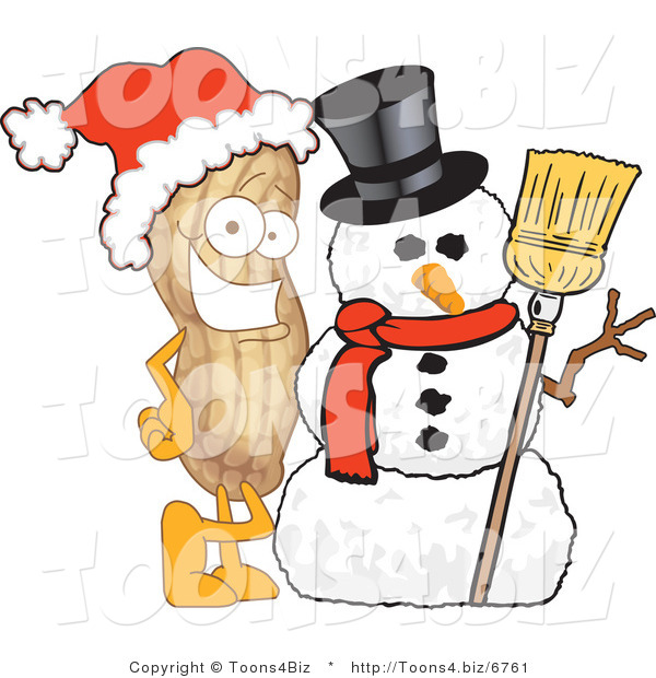 Vector Illustration of a Cartoon Peanut Mascot with a Snowman