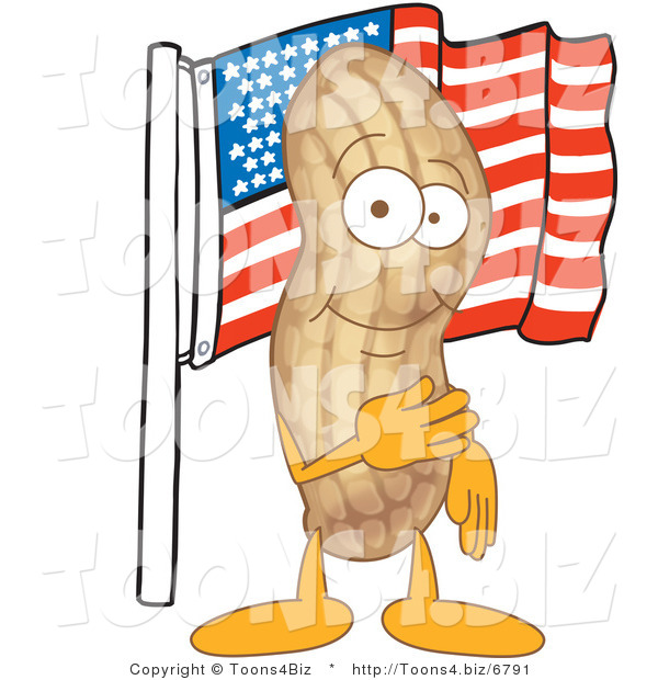 Vector Illustration of a Cartoon Peanut Mascot with an American Flag