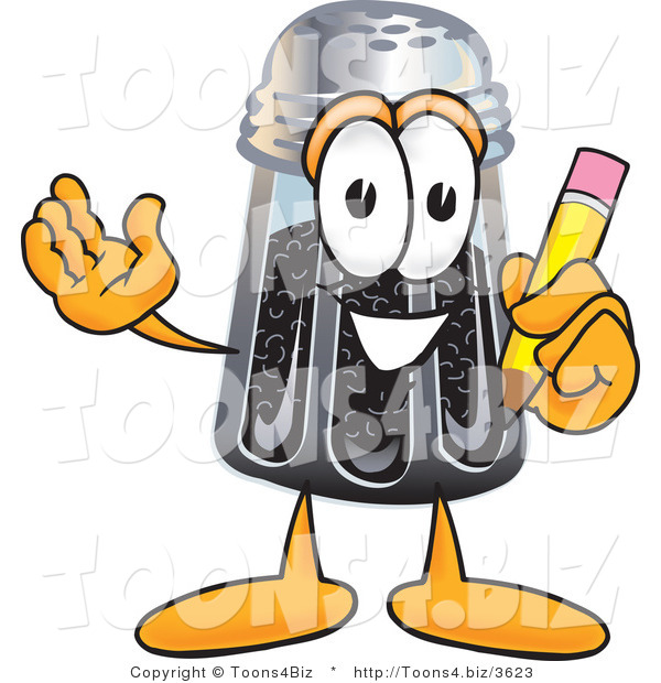 Vector Illustration of a Cartoon Pepper Shaker Mascot Holding a Pencil