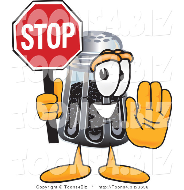 Vector Illustration of a Cartoon Pepper Shaker Mascot Holding a Stop Sign