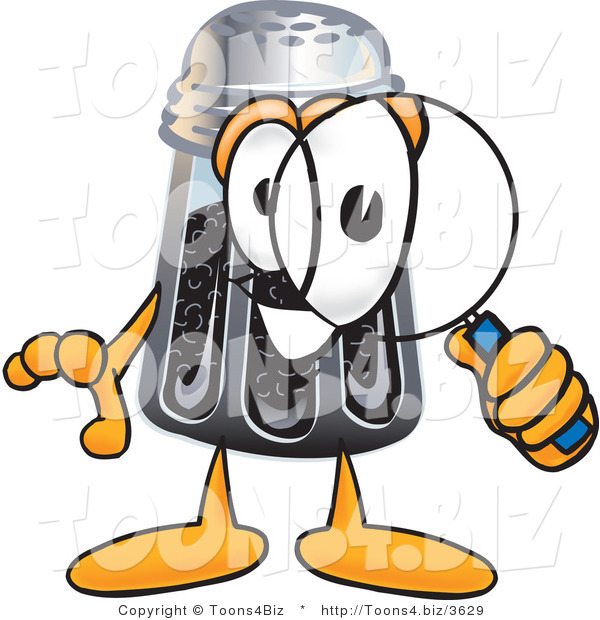 Vector Illustration of a Cartoon Pepper Shaker Mascot Looking Through a Magnifying Glass
