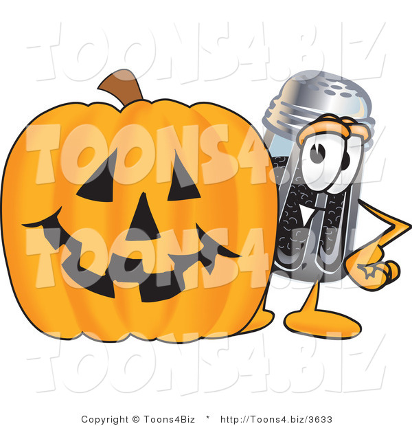 Vector Illustration of a Cartoon Pepper Shaker Mascot with a Carved Halloween Pumpkin