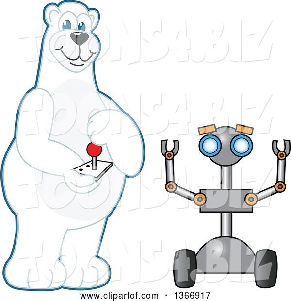 Vector Illustration of a Cartoon Polar Bear School Mascot Controlling a Robot