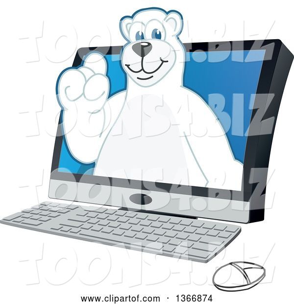 Vector Illustration of a Cartoon Polar Bear School Mascot Emerging from a Desktop Computer