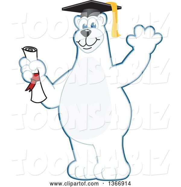 Vector Illustration of a Cartoon Polar Bear School Mascot Graduate Holding a Diploma and Waving