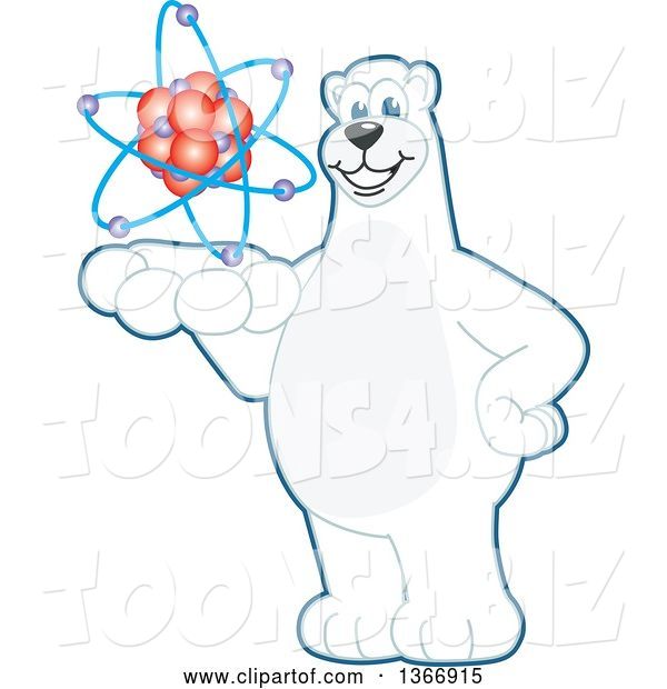 Vector Illustration of a Cartoon Polar Bear School Mascot Holding an Atom