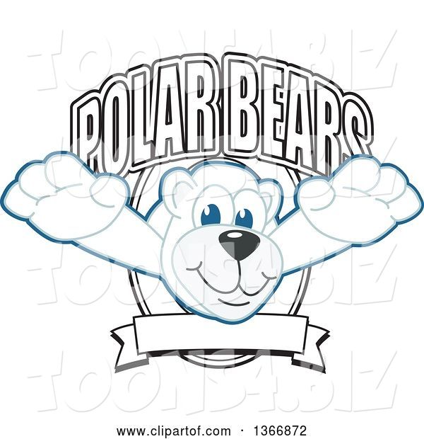 Vector Illustration of a Cartoon Polar Bear School Mascot Leaping from a Shield