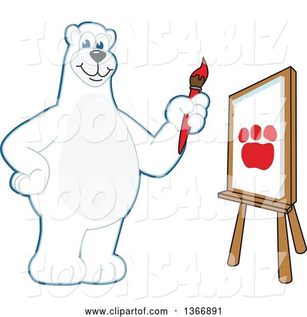 Vector Illustration of a Cartoon Polar Bear School Mascot Painting a Paw Print on a Canvas