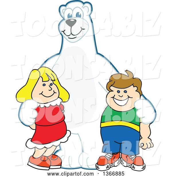 Vector Illustration of a Cartoon Polar Bear School Mascot Posing with Students