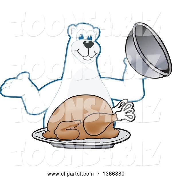 Vector Illustration of a Cartoon Polar Bear School Mascot Serving a Roasted Thanksgiving Turkey