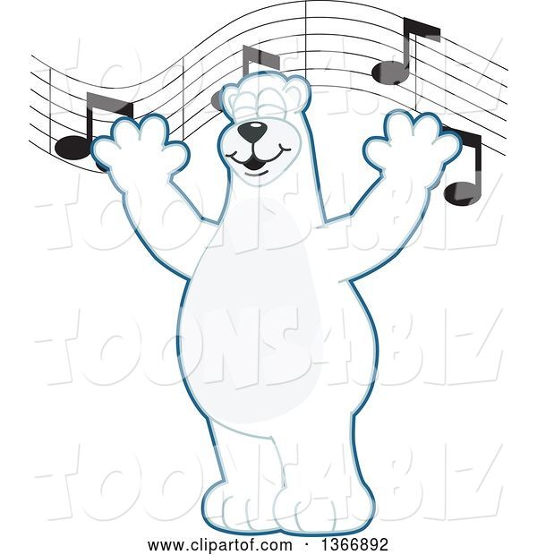 Vector Illustration of a Cartoon Polar Bear School Mascot Singing Under Music Notes