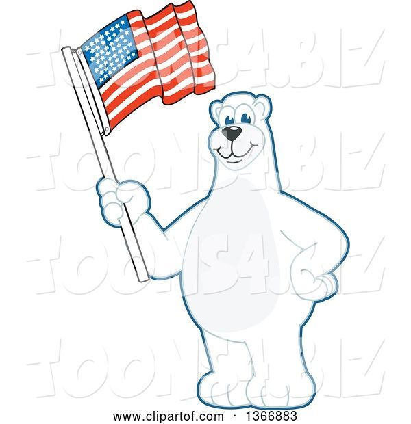 Vector Illustration of a Cartoon Polar Bear School Mascot Waving an American Flag