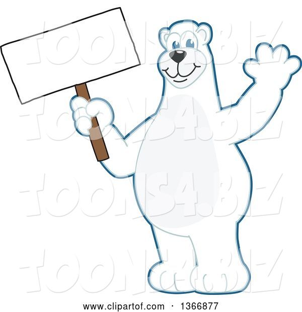 Vector Illustration of a Cartoon Polar Bear School Mascot Waving and Holding a Blank Sign