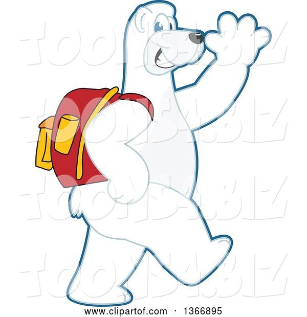 Vector Illustration of a Cartoon Polar Bear School Mascot Wearing a Backpack, Walking and Waving