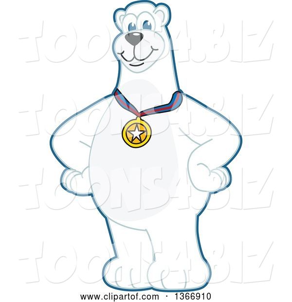 Vector Illustration of a Cartoon Polar Bear School Mascot Wearing a Sports Medal