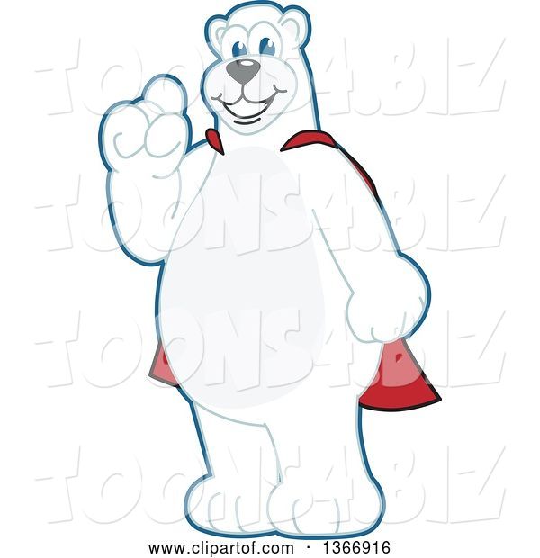 Vector Illustration of a Cartoon Polar Bear School Mascot Wearing a Super Hero Cape, Holding up a Finger