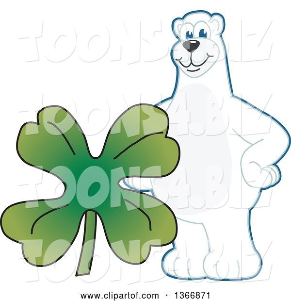 Vector Illustration of a Cartoon Polar Bear School Mascot with a Four Leaf St Patricks Day Clover