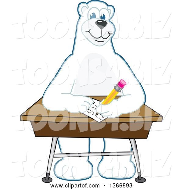 Vector Illustration of a Cartoon Polar Bear School Mascot Writing at a Desk