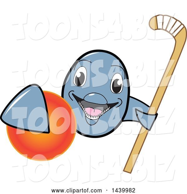 Vector Illustration of a Cartoon Porpoise Dolphin School Mascot Grabbing a Field Hockey Ball and Holding a Stick