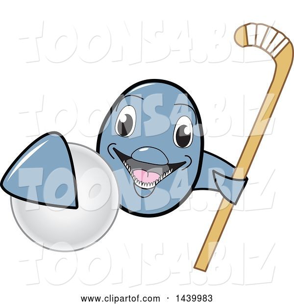Vector Illustration of a Cartoon Porpoise Dolphin School Mascot Grabbing a Field Hockey Ball and Holding a Stick