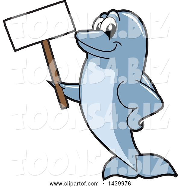 Vector Illustration of a Cartoon Porpoise Dolphin School Mascot Holding a Blank Sign