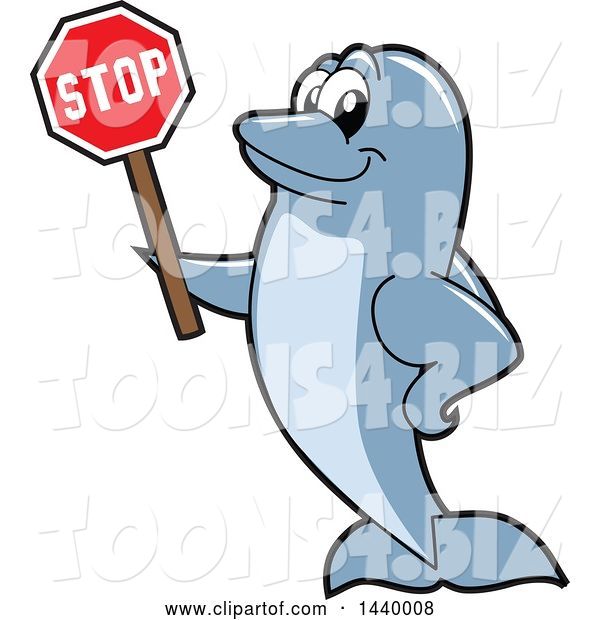 Vector Illustration of a Cartoon Porpoise Dolphin School Mascot Holding a Stop Sign