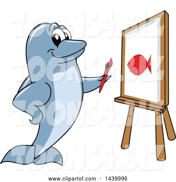 Vector Illustration of a Cartoon Porpoise Dolphin School Mascot Painting a Fish