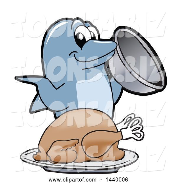 Vector Illustration of a Cartoon Porpoise Dolphin School Mascot Serving a Roasted Turkey