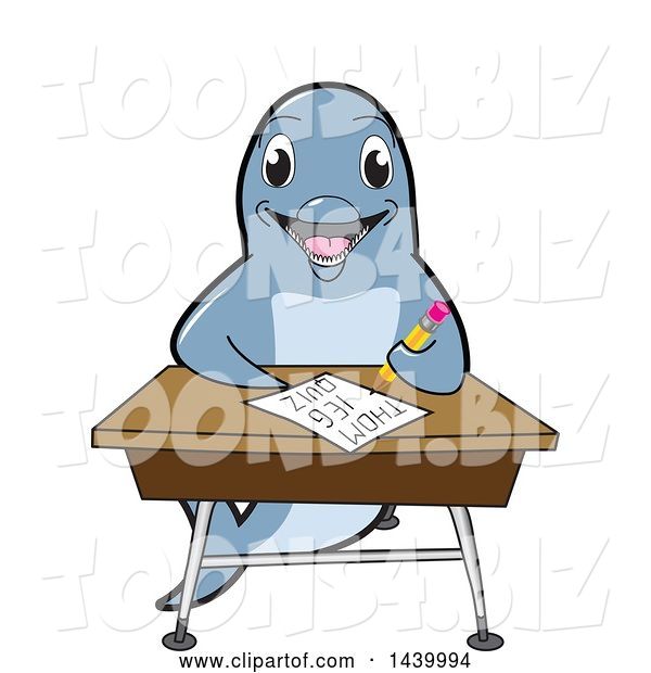 Vector Illustration of a Cartoon Porpoise Dolphin School Mascot Student Taking a Quiz at a Desk