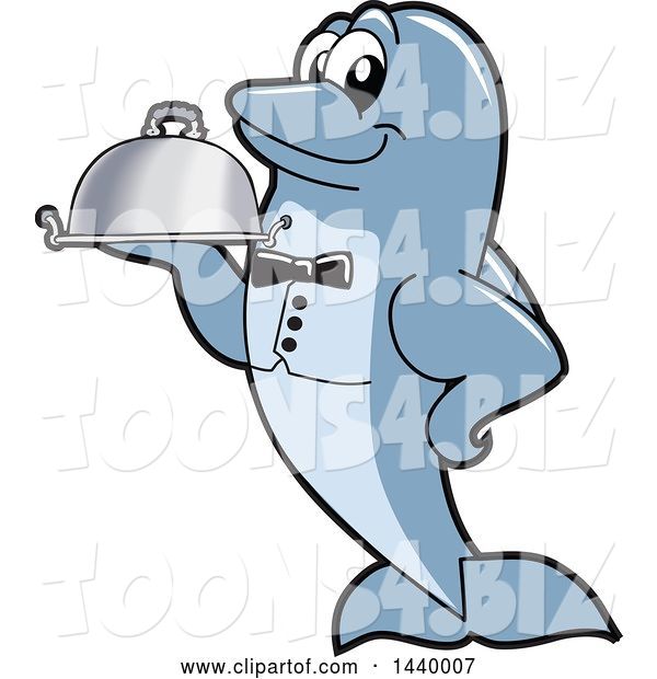 Vector Illustration of a Cartoon Porpoise Dolphin School Mascot Waiter Holding a Cloche Platter