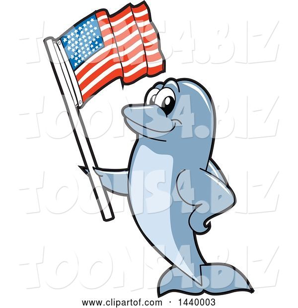 Vector Illustration of a Cartoon Porpoise Dolphin School Mascot Waving an American Flag