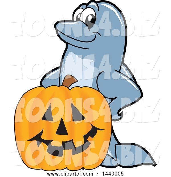 Vector Illustration of a Cartoon Porpoise Dolphin School Mascot with a Halloween Jackolantern Pumpkin