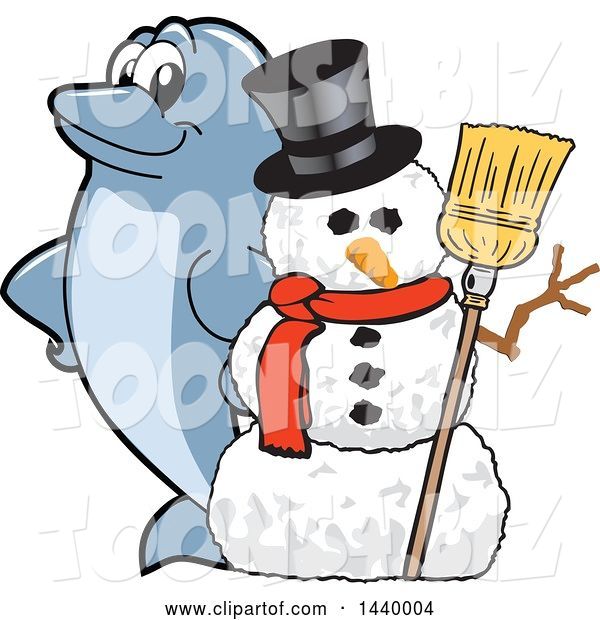 Vector Illustration of a Cartoon Porpoise Dolphin School Mascot with a Snowman