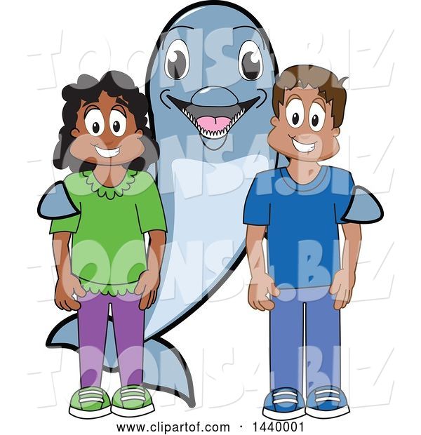 Vector Illustration of a Cartoon Porpoise Dolphin School Mascot with Happy Students