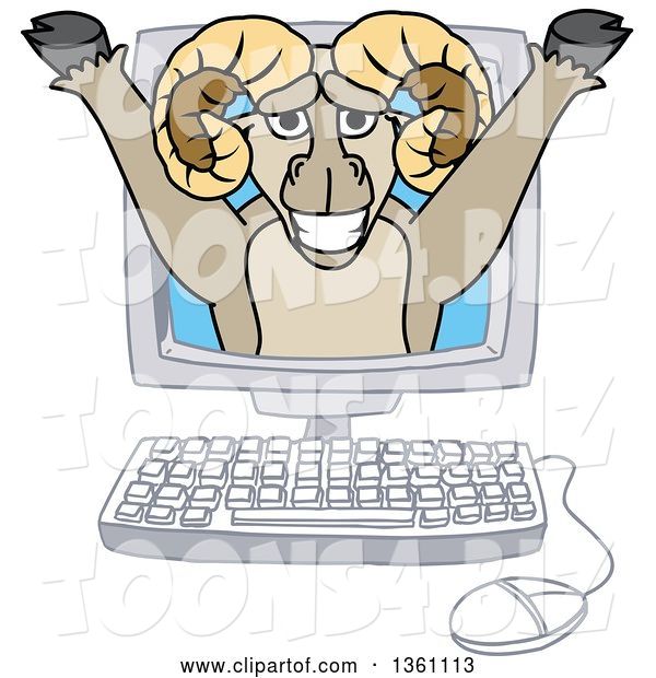 Vector Illustration of a Cartoon Ram Mascot Emerging from a Desktop Computer Screen