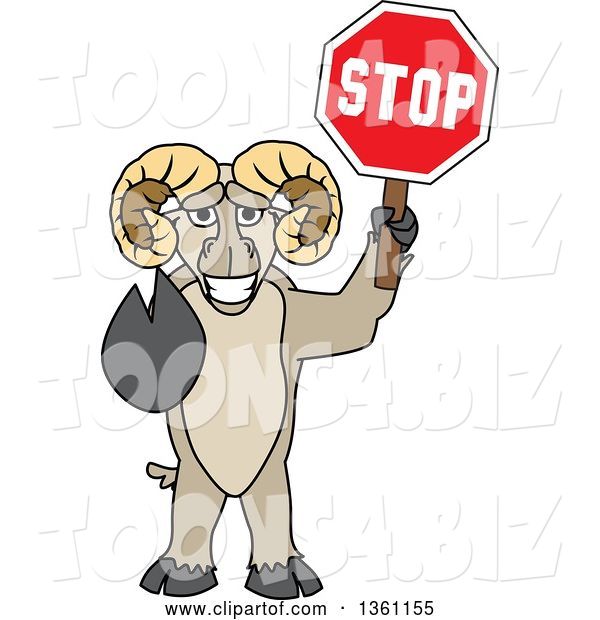 Vector Illustration of a Cartoon Ram Mascot Gesturing and Holding a Stop Sign