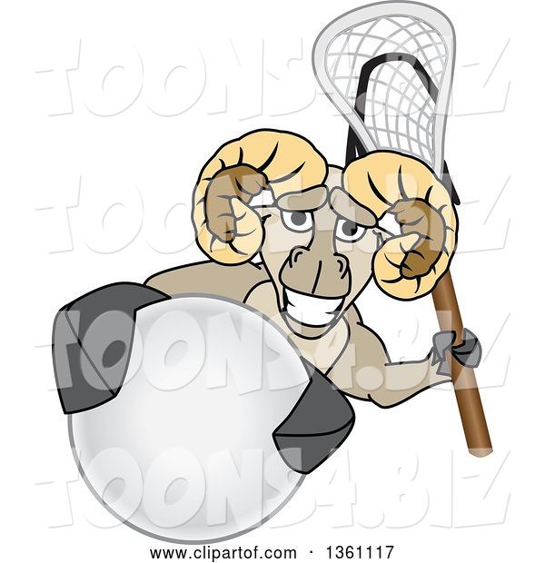 Vector Illustration of a Cartoon Ram Mascot Holding a Stick and Grabbing a Lacrosse Ball