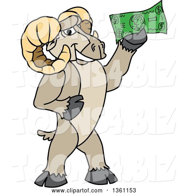 Vector Illustration of a Cartoon Ram Mascot Holding Cash Money