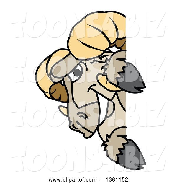 Vector Illustration of a Cartoon Ram Mascot Looking Around a Sign