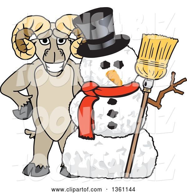 Vector Illustration of a Cartoon Ram Mascot Posing with a Christmas Snowman