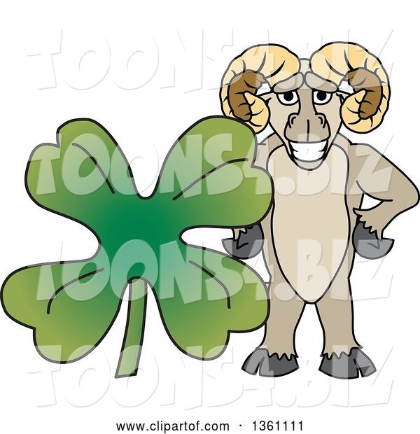 Vector Illustration of a Cartoon Ram Mascot Posing with a St Patricks Day Four Leaf Clover
