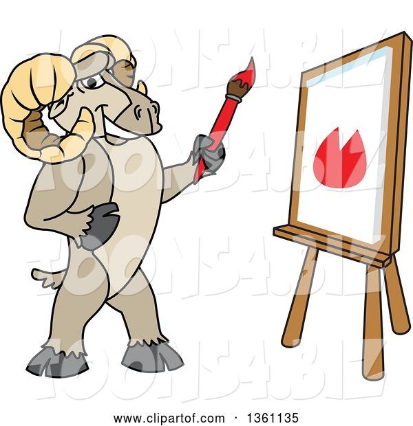 Vector Illustration of a Cartoon Ram Mascot Student Painting on Canvas