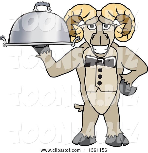 Vector Illustration of a Cartoon Ram Mascot Waiter Holding a Cloche Platter
