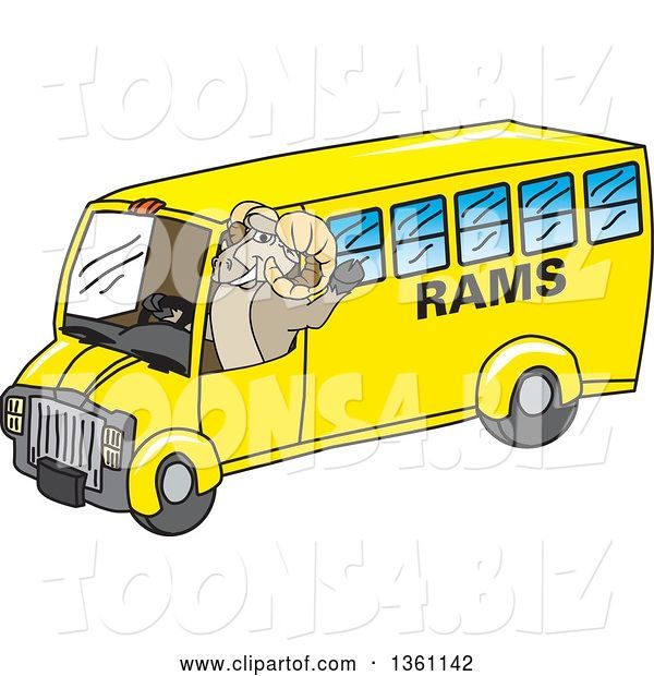 Vector Illustration of a Cartoon Ram Mascot Waving and Driving a Bus