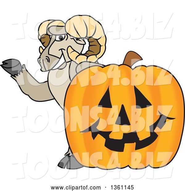 Vector Illustration of a Cartoon Ram Mascot Waving by a Jackolantern