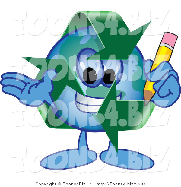 Vector Illustration of a Cartoon Recycle Mascot Holding a Pencil