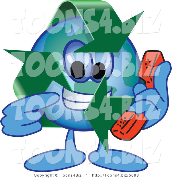 Vector Illustration of a Cartoon Recycle Mascot Holding a Phone